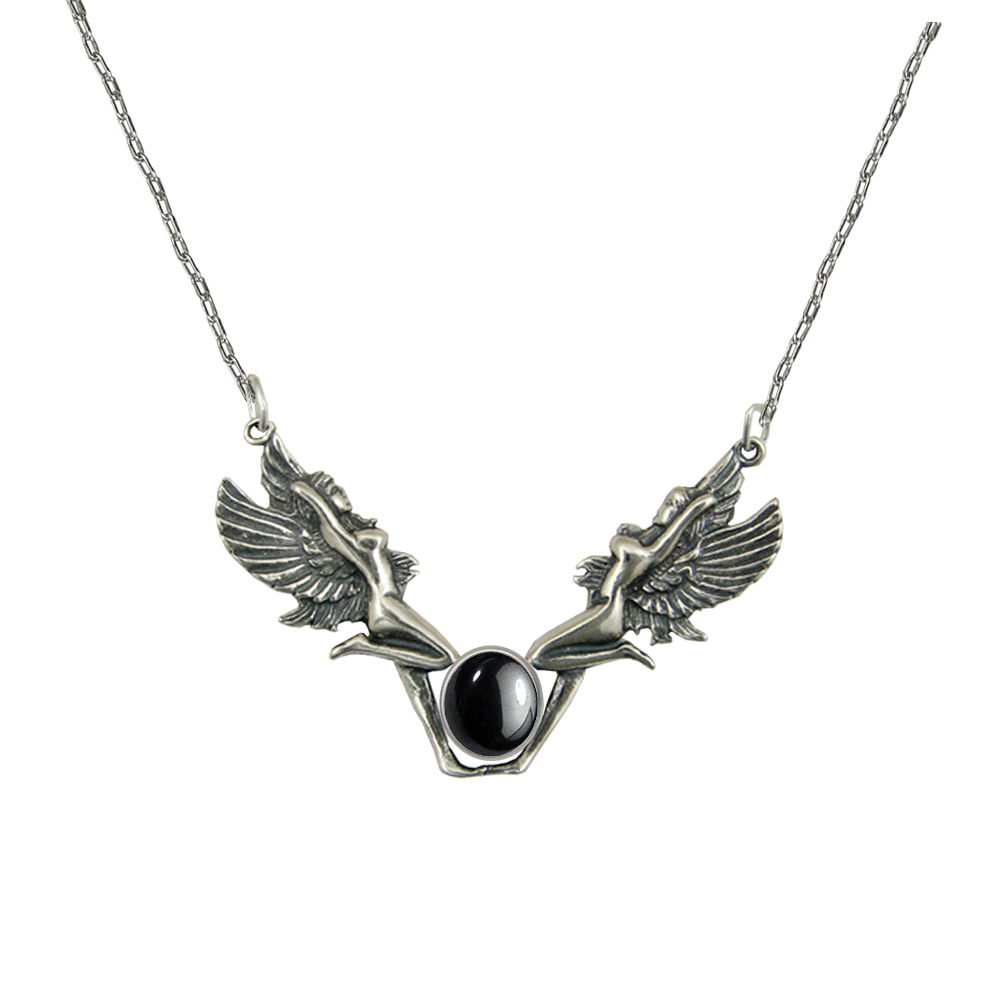 Sterling Silver Double Fairies Necklace With Hematite